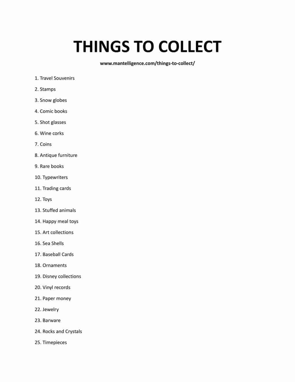 Downloadable and printable list of things